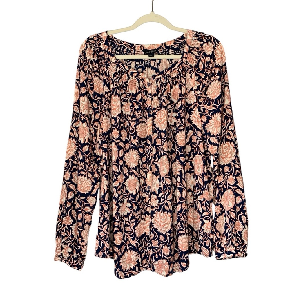 Lucky Brand navy‎ button up blouse w orange floral print & long sleeves. Size XL